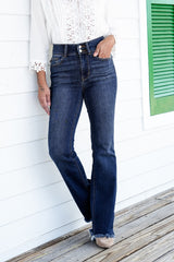 Dames Bootcut Jeans | Hoge Taille | Dubbele Knop & Gerafelde Zoom