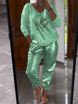 Dames Tweedelige Set | Glitter Top met V-hals & Lange Mouwen | Glanzende Broek | Voorjaar & Zomer