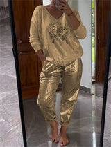 Dames Tweedelige Set | Glitter Top met V-hals & Lange Mouwen | Glanzende Broek | Voorjaar & Zomer