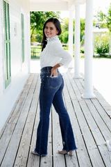 Dames Bootcut Jeans | Hoge Taille | Dubbele Knop & Gerafelde Zoom