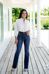 Dames Bootcut Jeans | Hoge Taille | Dubbele Knop & Gerafelde Zoom