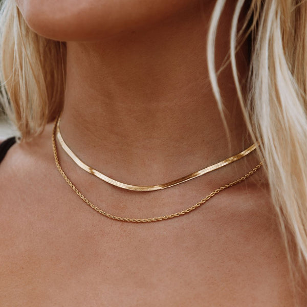 Dames Layered Ketting | Goudkleurig | Dubbele Visgraat & Gedraaide Schakel