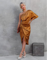 Amaya™ | Dames Satijnen One-Shoulder Cocktailjurk | Elegante Midi-Jurk met Split