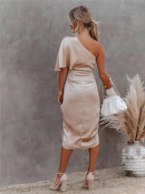 Amaya™ | Dames Satijnen One-Shoulder Cocktailjurk | Elegante Midi-Jurk met Split