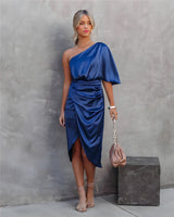 Amaya™ | Dames Satijnen One-Shoulder Cocktailjurk | Elegante Midi-Jurk met Split