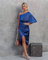 Amaya™ | Dames Satijnen One-Shoulder Cocktailjurk | Elegante Midi-Jurk met Split