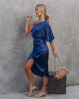 Amaya™ | Dames Satijnen One-Shoulder Cocktailjurk | Elegante Midi-Jurk met Split