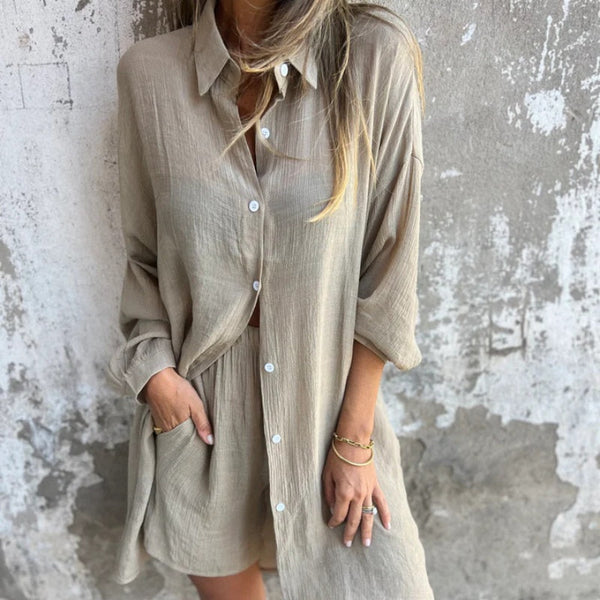 Nadine™ Set Van Shirt Met Lange Mouwen en Shorts