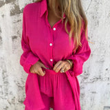 Nadine™ Set Van Shirt Met Lange Mouwen en Shorts