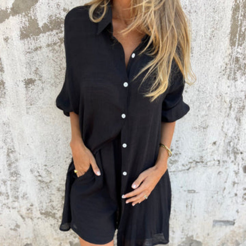 Nadine™ Set Van Shirt Met Lange Mouwen en Shorts