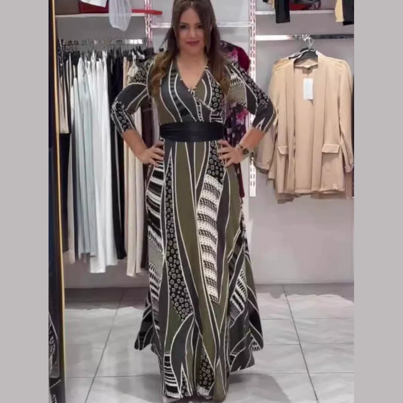 Dames Maxi Jurk | Donkergroen Patchwork Design | Getailleerde Pasvorm & V-hals